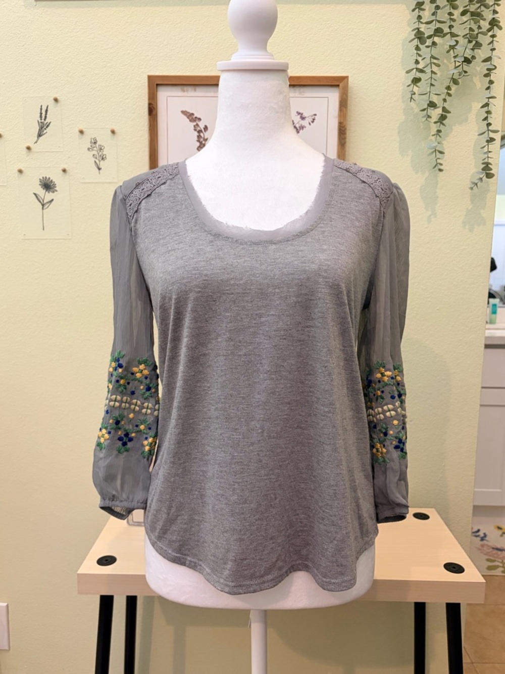 Anthropologie Tiny Gray Embroidered Sheer Sleeve Boho Top
